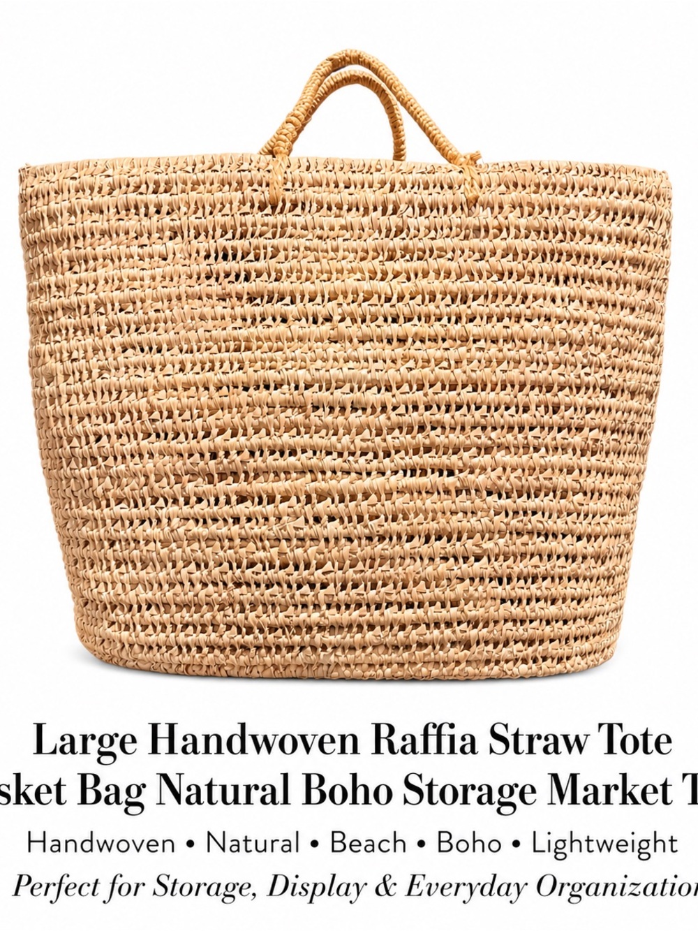 Natural Raffia Straw Tote Bag - Handwoven Boho Storage Pre-owned.